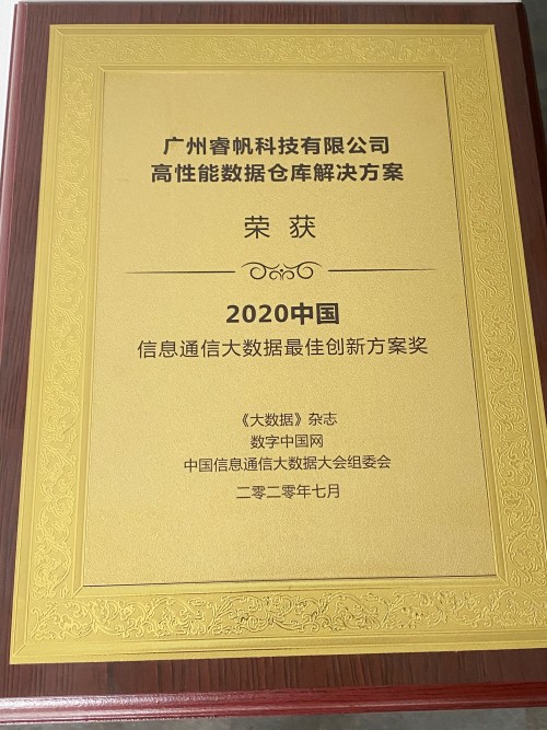 睿帆科技數(shù)倉解決方案，榮獲2020中國(guó)信通會(huì)大數(shù)據(jù)最佳創(chuàng)新方案獎(jiǎng)