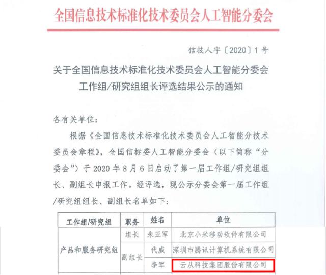 云從科技當(dāng)選全國(guó)信標(biāo)委人工智能分委會(huì)副組長(zhǎng)