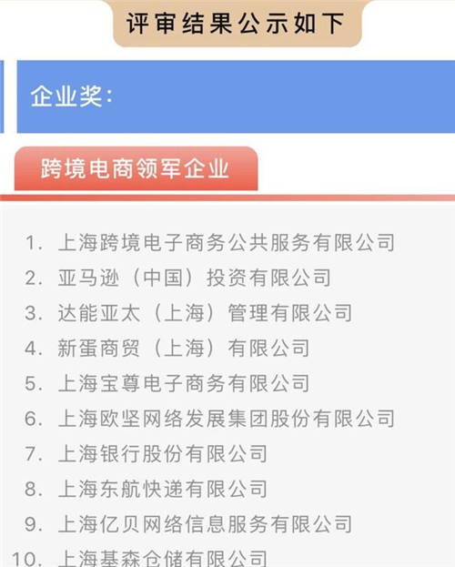 亞馬遜、新蛋、億貝入選上?？缇畴娚?020年度十大領(lǐng)軍企業(yè)榜單