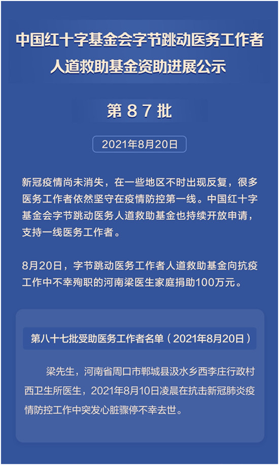 字節(jié)跳動醫(yī)務(wù)基金資助河南抗疫醫(yī)生家庭100萬元