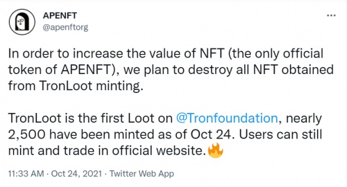 APENFT意將TronLoot鑄造所得NFT全部銷毀