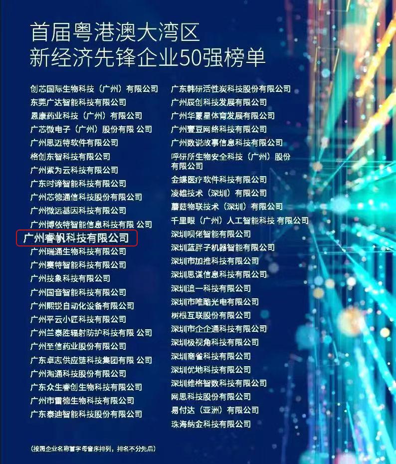 睿帆科技入選2021粵港澳大灣區(qū)新經(jīng)濟(jì)先鋒企業(yè)50強(qiáng)