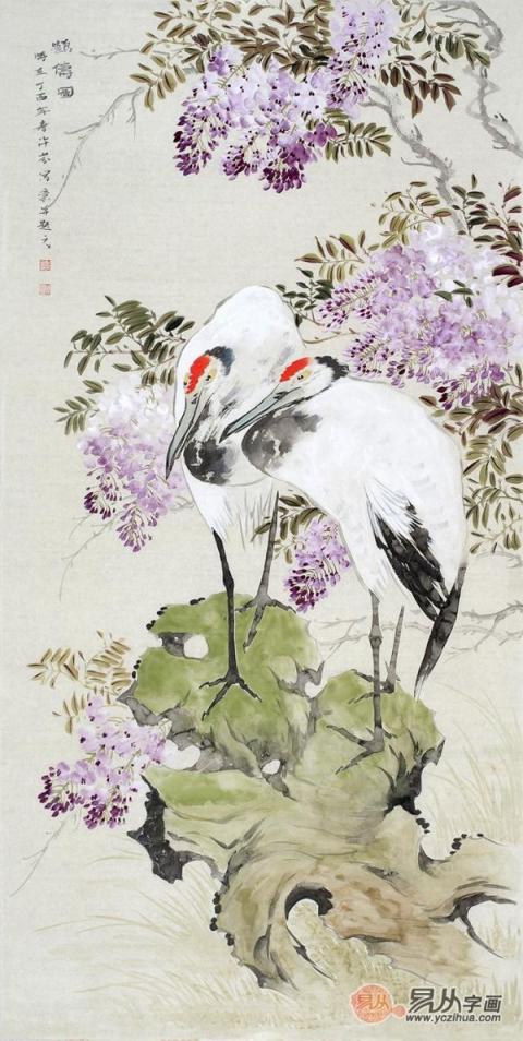 名家國(guó)畫紫藤圖，美女畫家許芬紫藤花鳥畫賞析