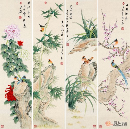 客廳背景墻上的掛畫，名家手繪花鳥國(guó)畫更受歡迎