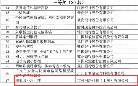 寶付支付榮獲“支付安全和防范電信網(wǎng)絡(luò)新型欺詐宣傳周”文案組三等獎